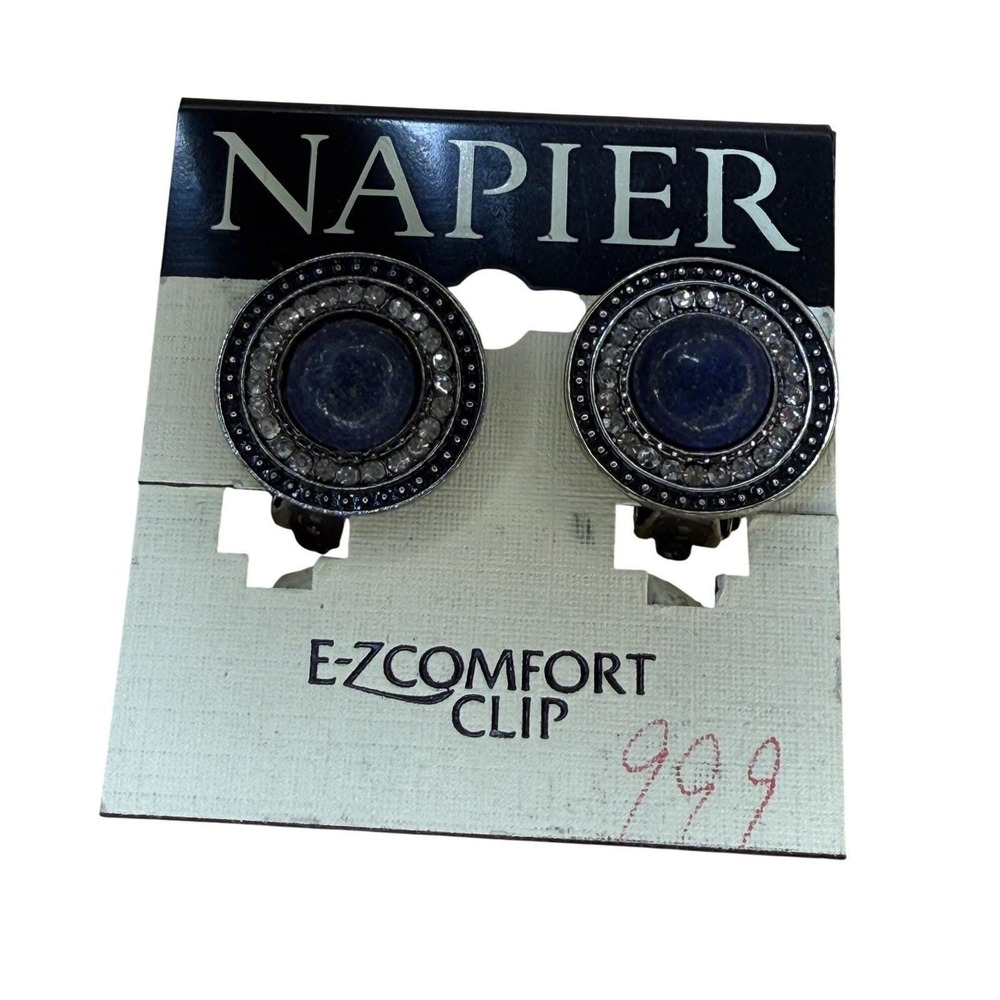 Napier Silver Tone Faux Lapis Rhinestone Clip On Earrings Vintage Style 04NICE